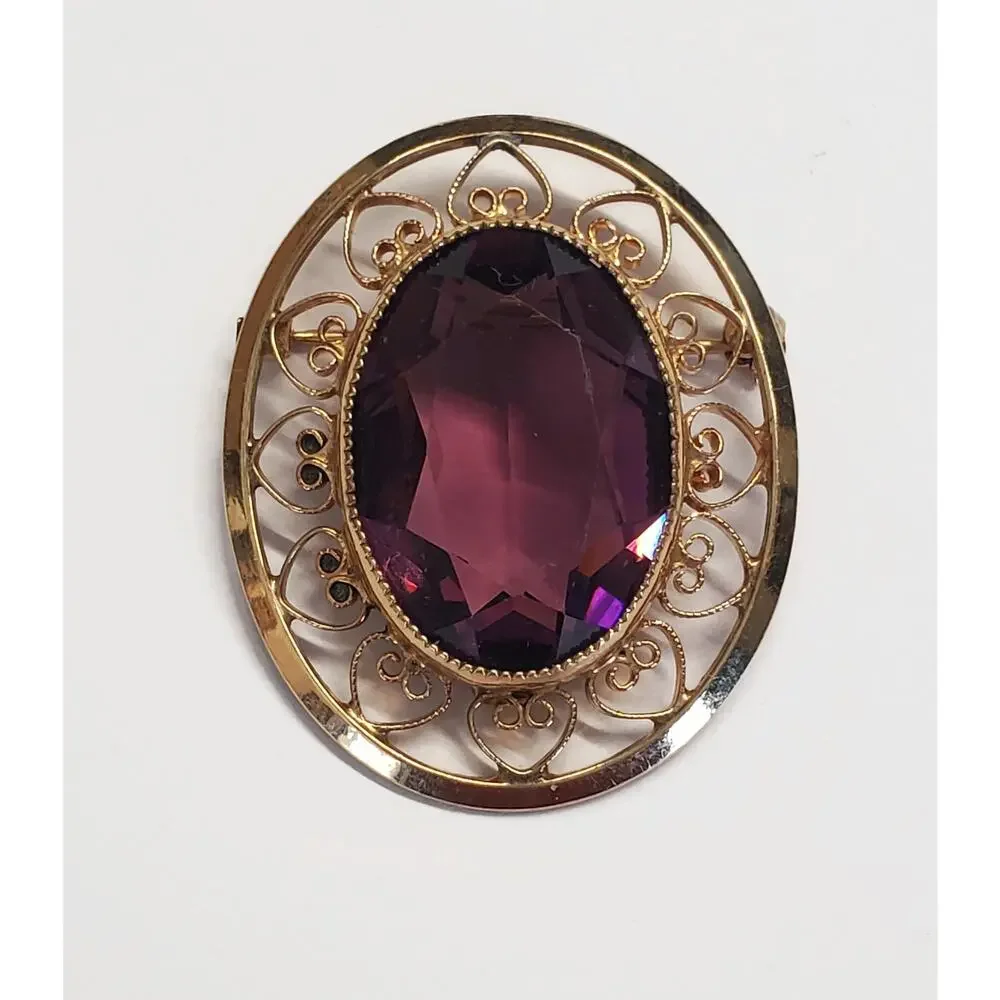 Vintage Catamore 1/20 12K G.F.  Purple Amethyst Glass Gold-filled Filgree Brooch